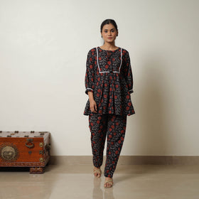 Black - printed cotton bagru co-ord set with lace work 02