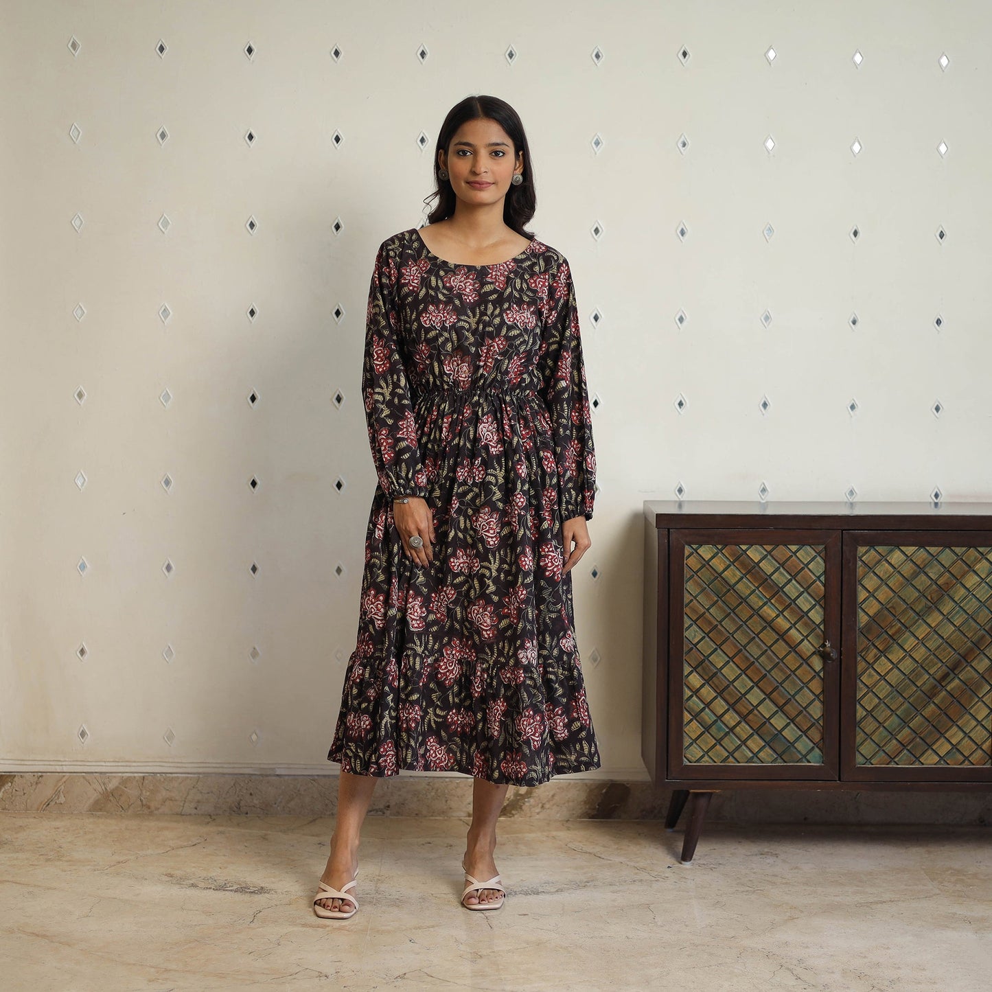  Black Block Printed Cotton Fit & Flare Jahota Dress