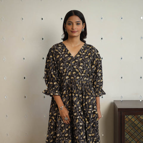 Buy Black Block Printed Cotton Flare Jahota Dress