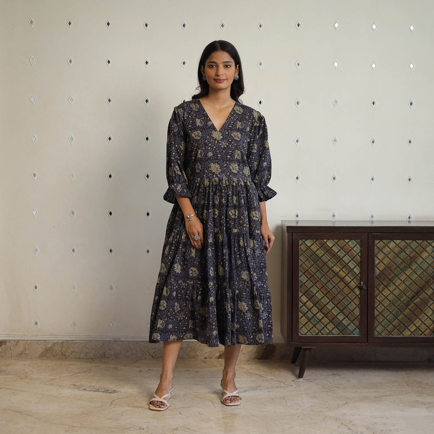 Buy Black Block Printed Cotton Flare Jahota Dress
