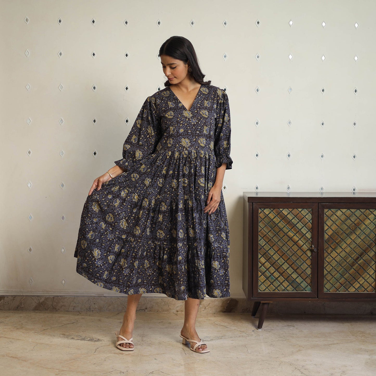 Buy Black Block Printed Cotton Flare Jahota Dress