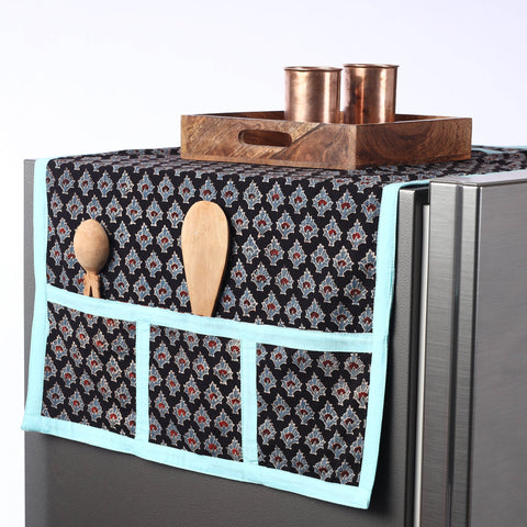 Black Ajrakh Block Printed Cotton Fridge Top Cover with Pockets