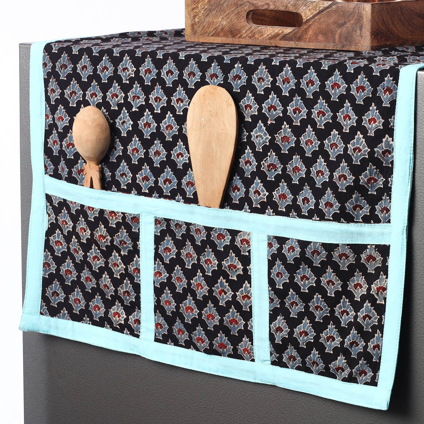 Black Ajrakh Block Printed Cotton Fridge Top Cover with Pockets