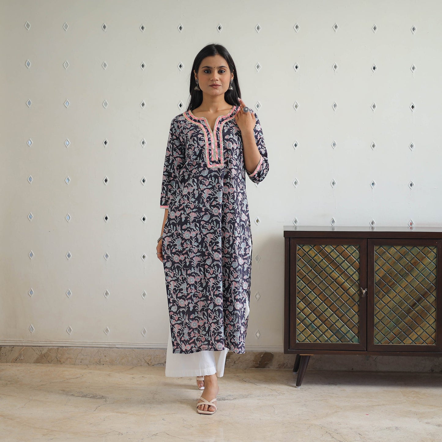 Black Block Printed Cotton Gota Work Long Sanganeri Kurta for Women