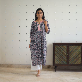 Black Block Printed Cotton Gota Work Long Sanganeri Kurta for Women