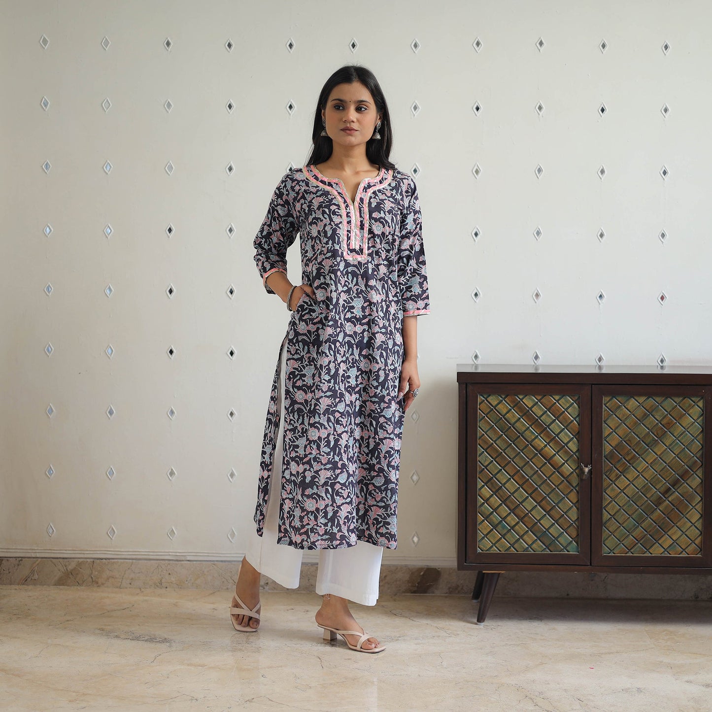 Black Block Printed Cotton Gota Work Long Sanganeri Kurta for Women