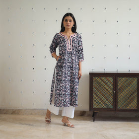 Black Block Printed Cotton Gota Work Long Sanganeri Kurta for Women
