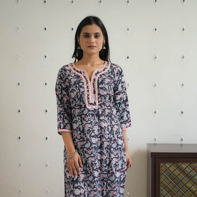 Black Block Printed Cotton Gota Work Long Sanganeri Kurta for Women