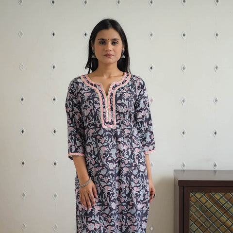 Black Block Printed Cotton Gota Work Long Sanganeri Kurta for Women