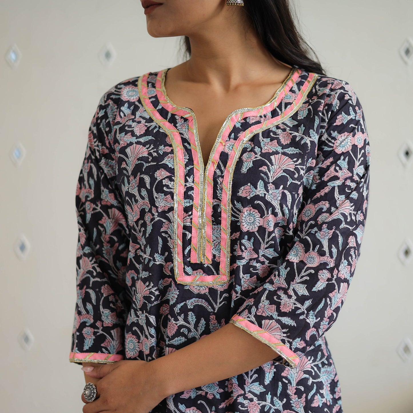 Black Block Printed Cotton Gota Work Long Sanganeri Kurta for Women