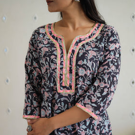 Black Block Printed Cotton Gota Work Long Sanganeri Kurta for Women