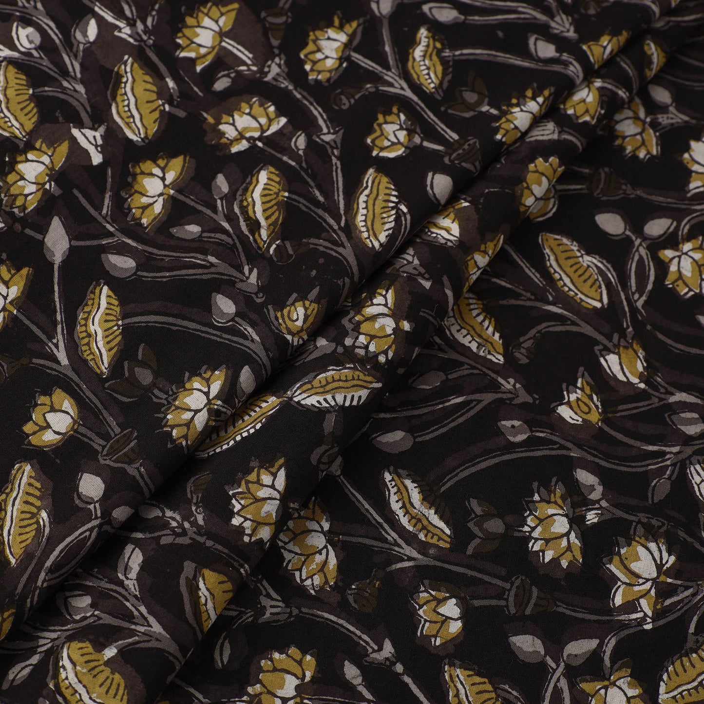 Black Block Printed Cotton Jahota Fabric