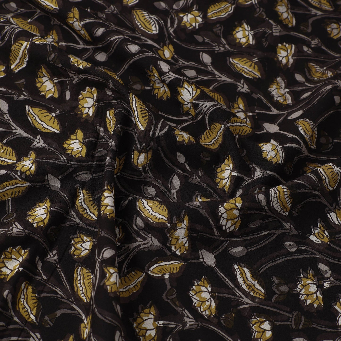 Black Block Printed Cotton Jahota Fabric