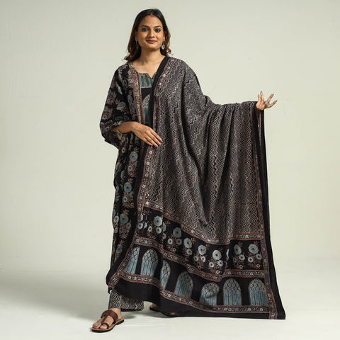 Black - printed cotton kaftan with palazzo & dupatta set