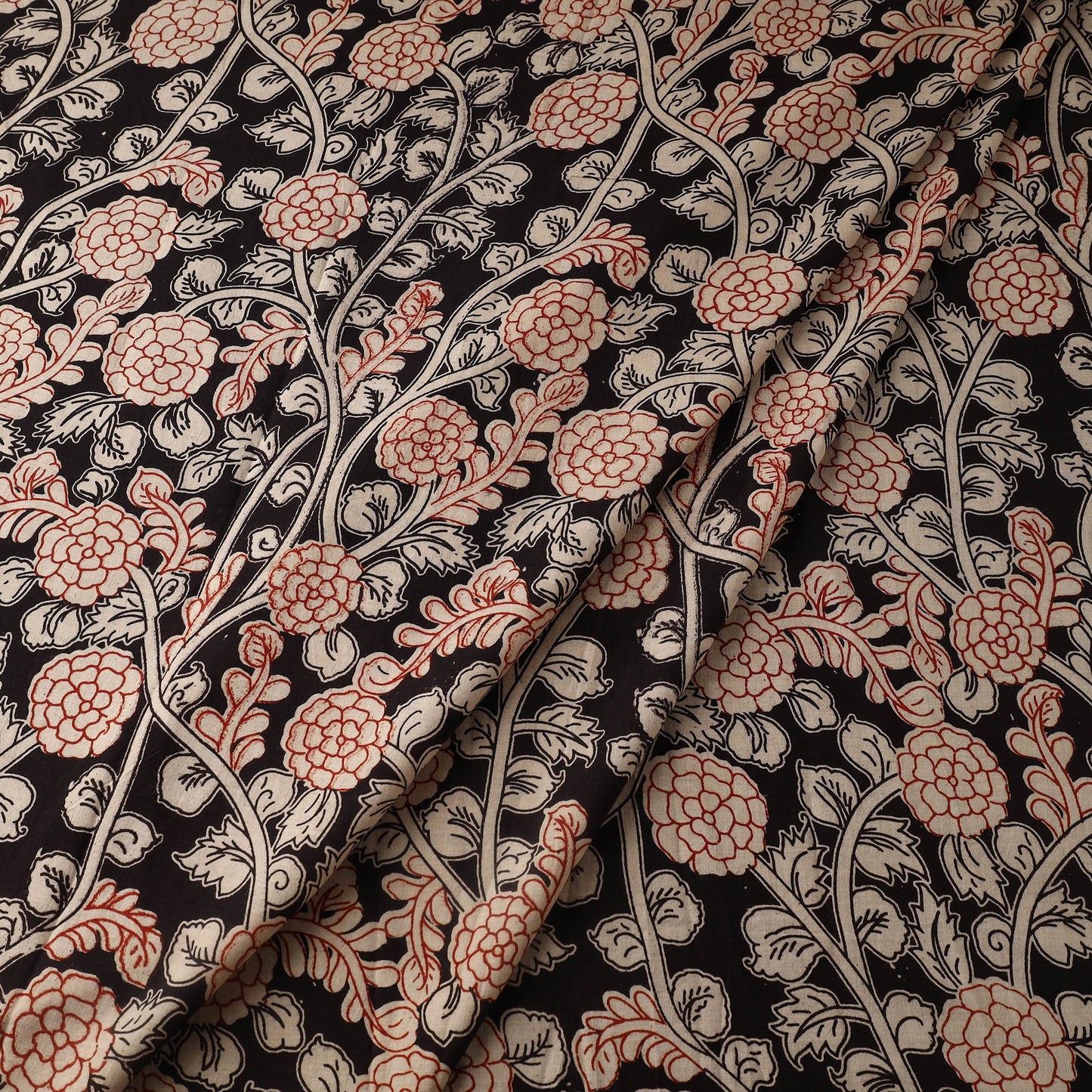 Black Printed Cotton Kalamkari Fabric