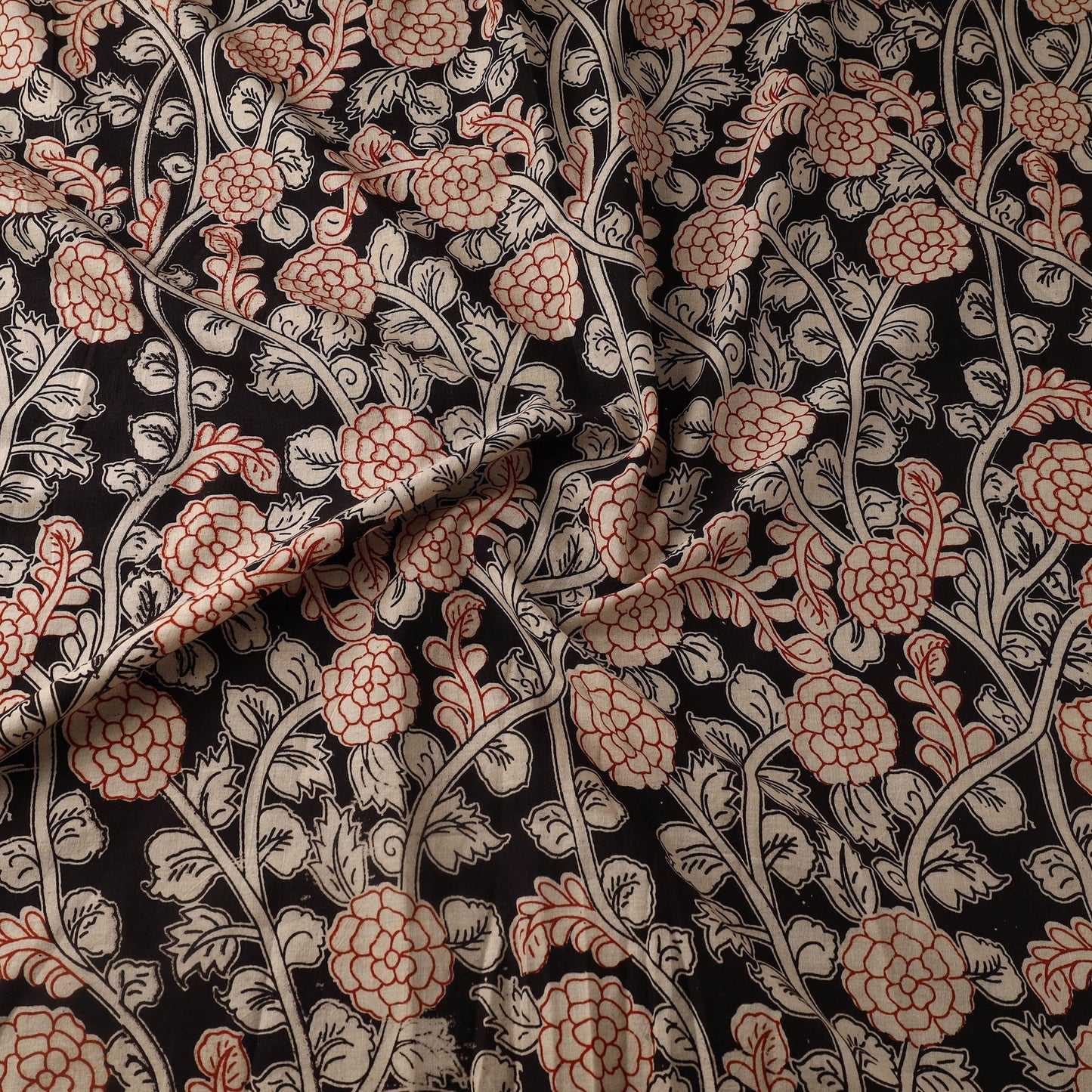 Black Printed Cotton Kalamkari Fabric