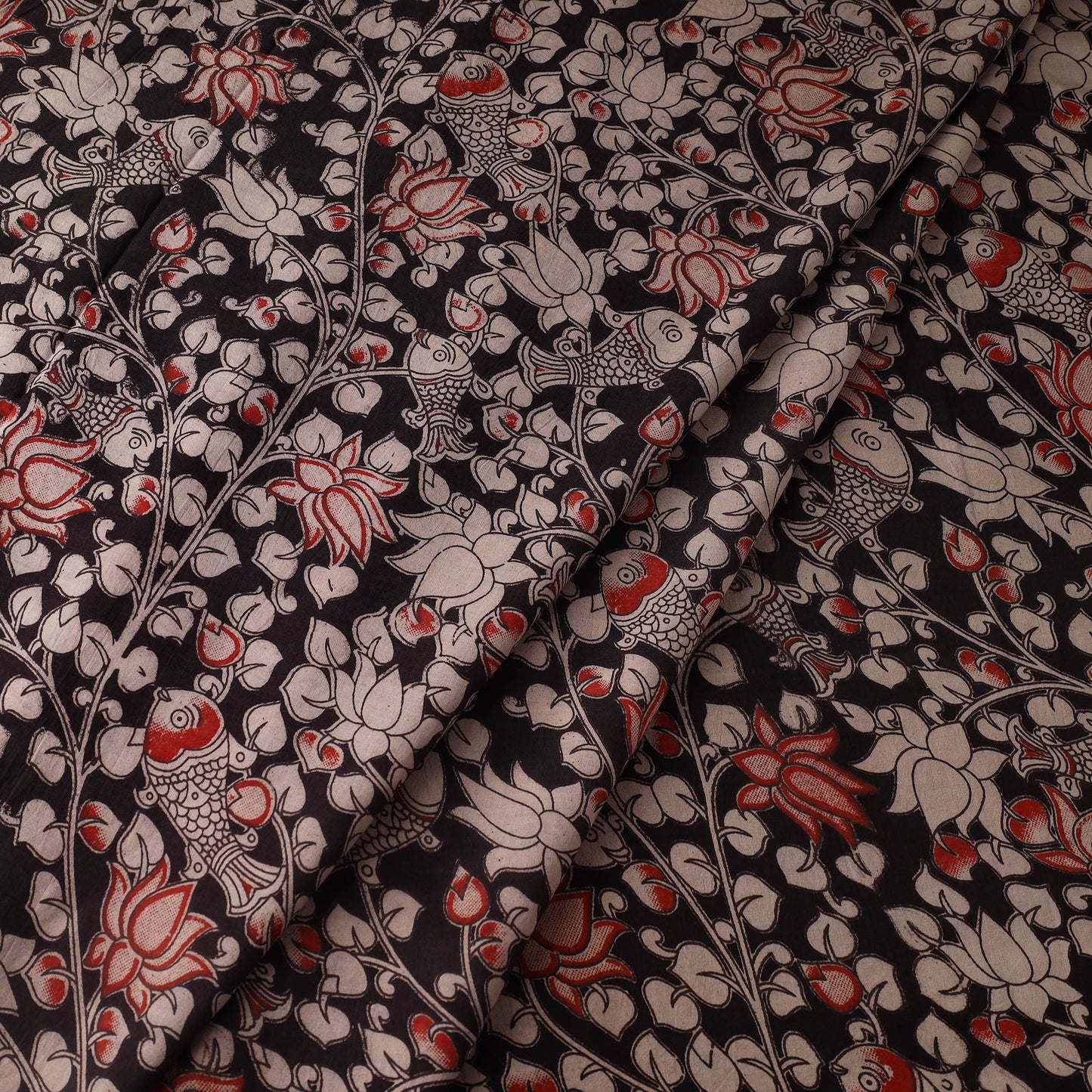 Black Printed Cotton Kalamkari Fabric