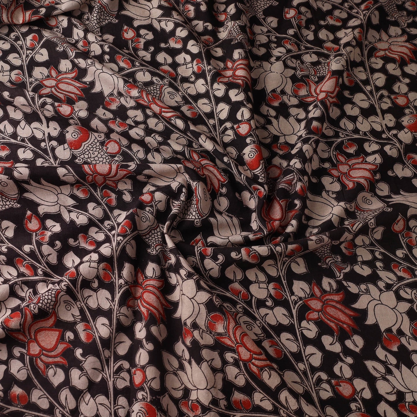Black Printed Cotton Kalamkari Fabric
