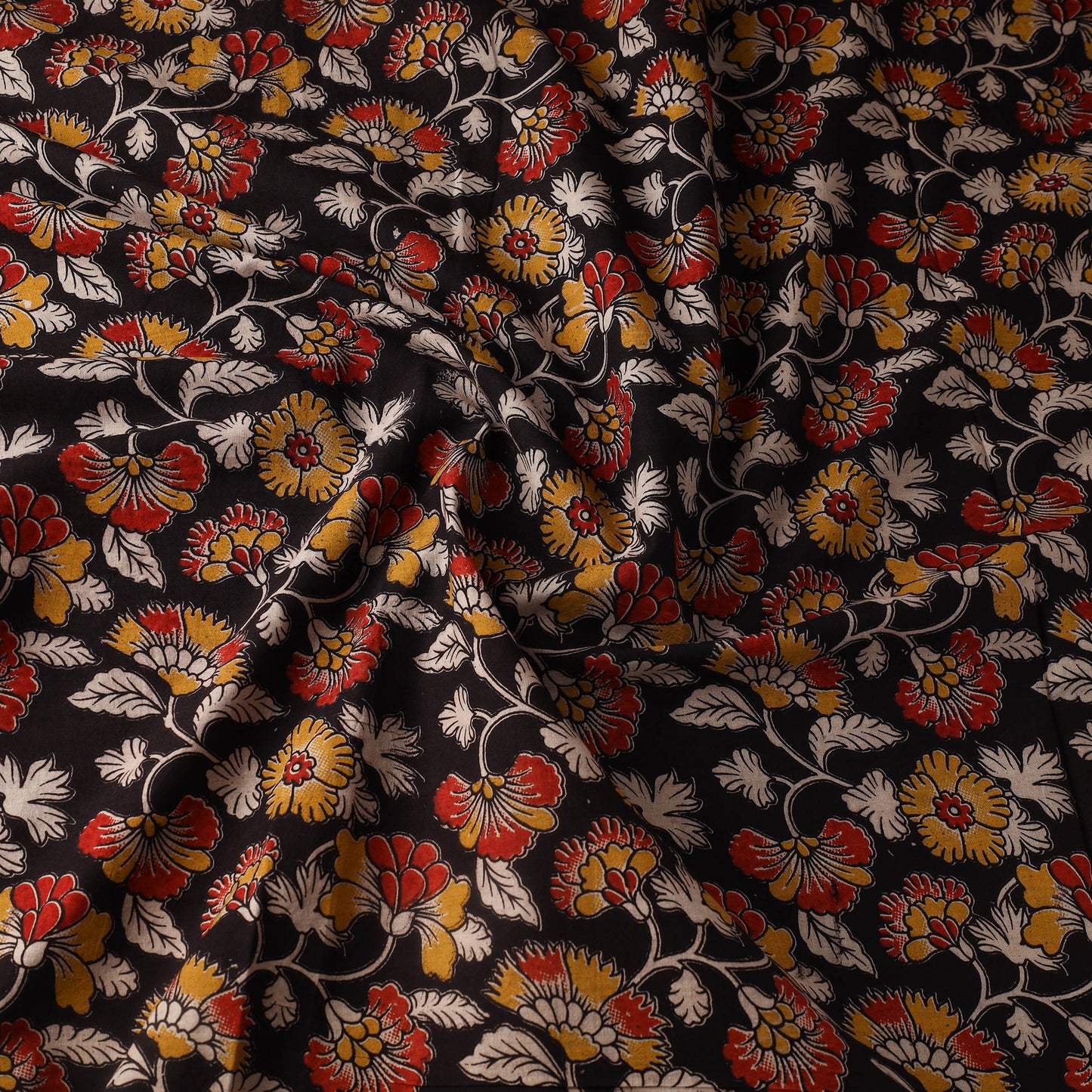 Black Printed Cotton Kalamkari Fabric
