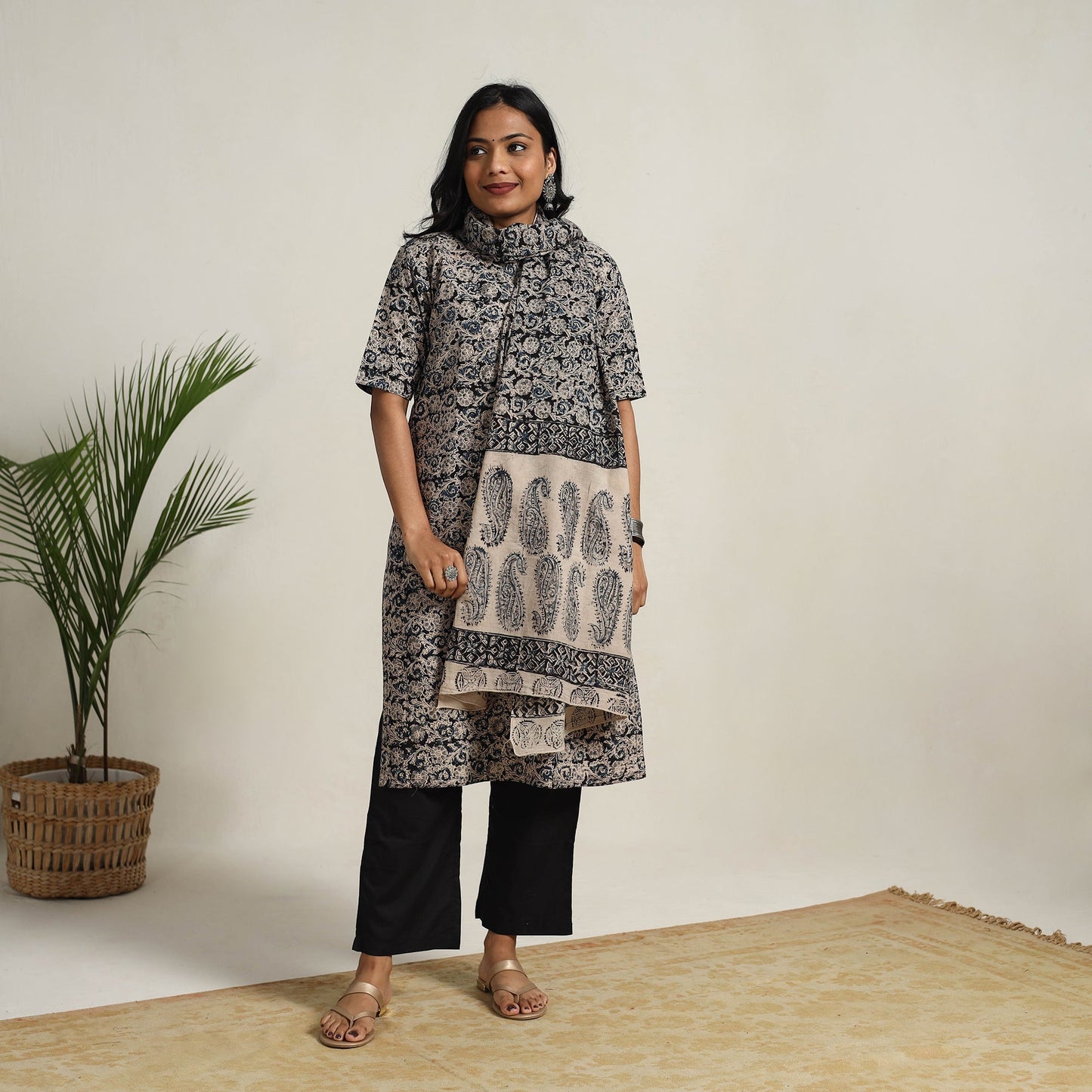 Black - printed cotton kalamkari kurta set 03 - handcrafted