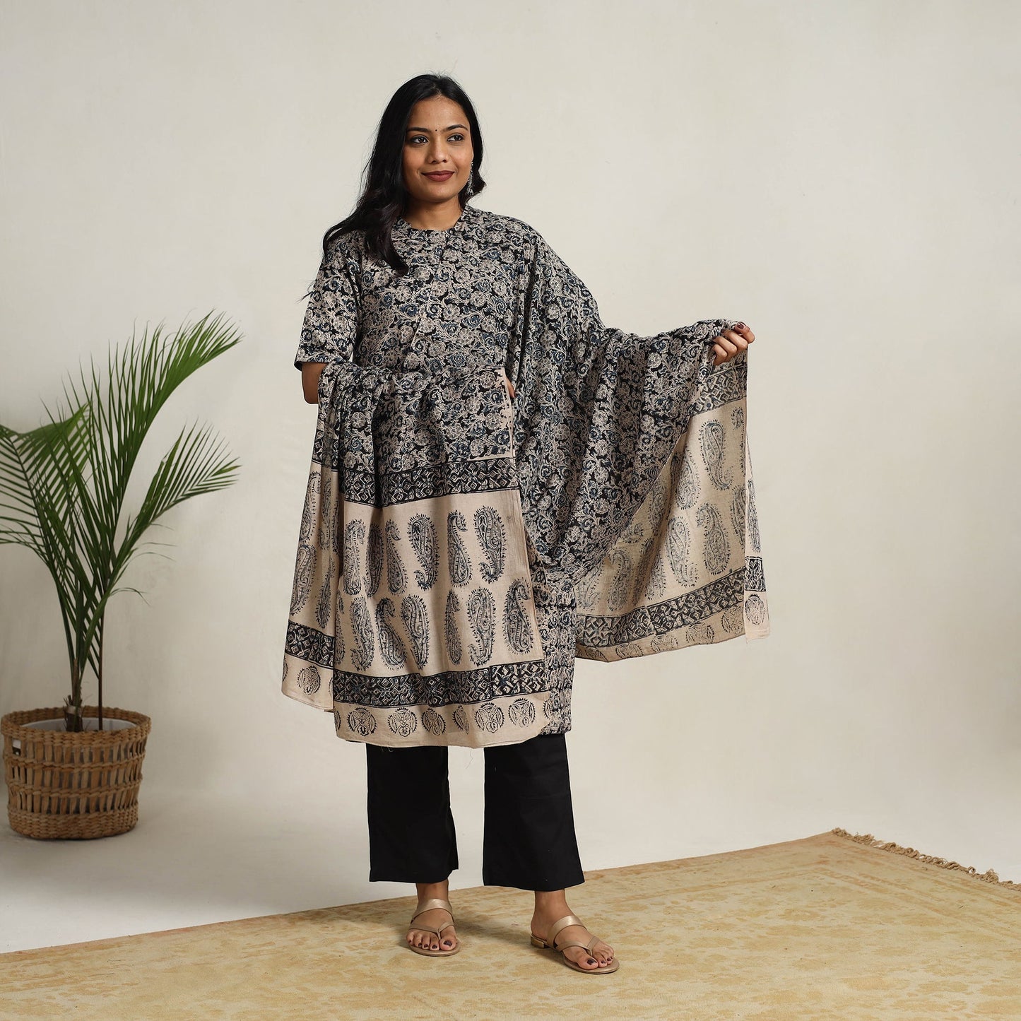 Black - printed cotton kalamkari kurta set 03 - handcrafted
