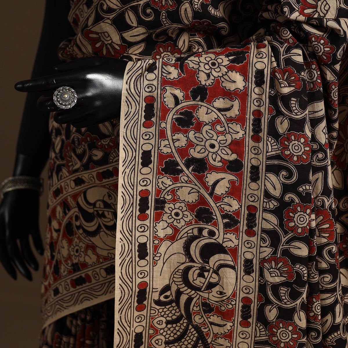 Black - printed cotton kalamkari saree 71 - handcrafted