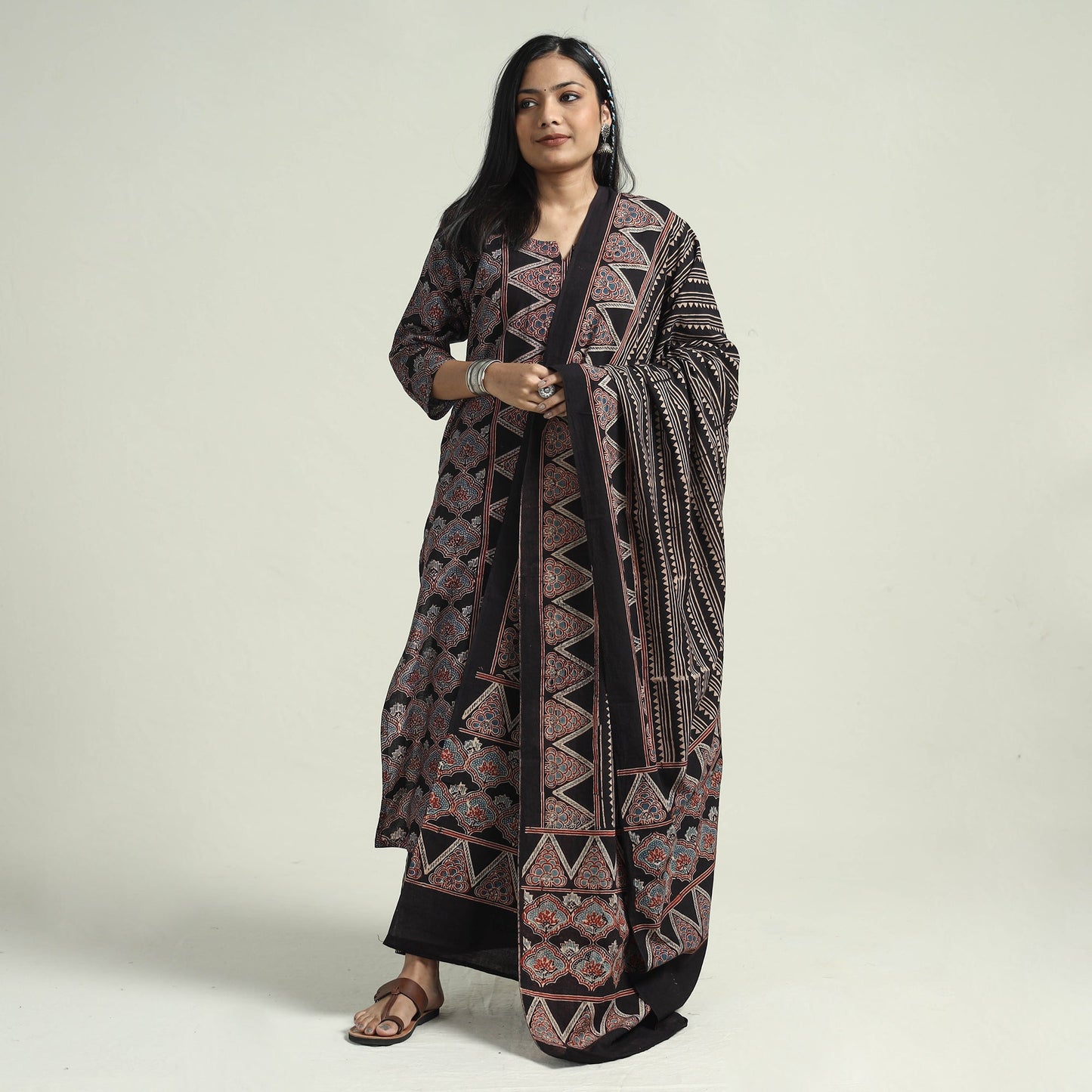 Buy Ajrakh Block Printed Cotton Kurta With Palazzo & Dupatta Set Online at iTokri.com