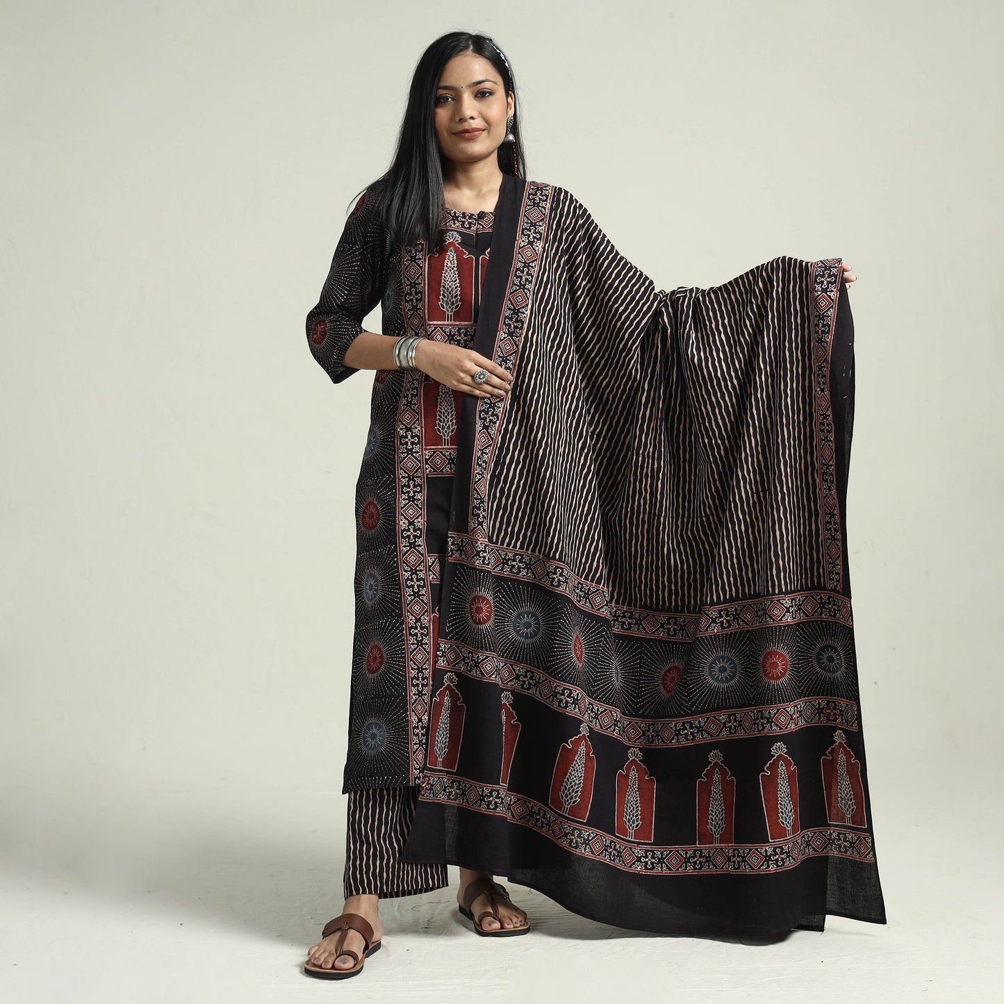  Ajrakh Block Printed Cotton Kurta With Palazzo & Dupatta Set Online at iTokri.com