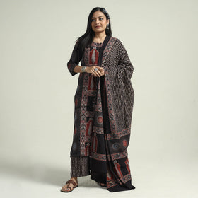  Ajrakh Block Printed Cotton Kurta With Palazzo & Dupatta Set Online at iTokri.com