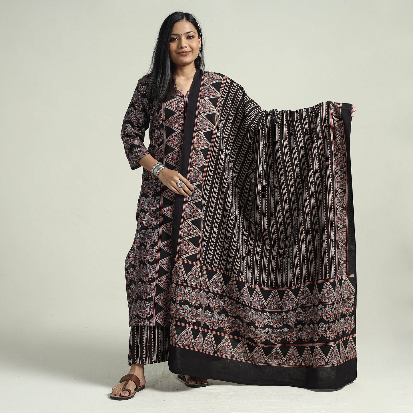 Buy Ajrakh Block Printed Cotton Kurta With Palazzo & Dupatta Set Online at iTokri.com