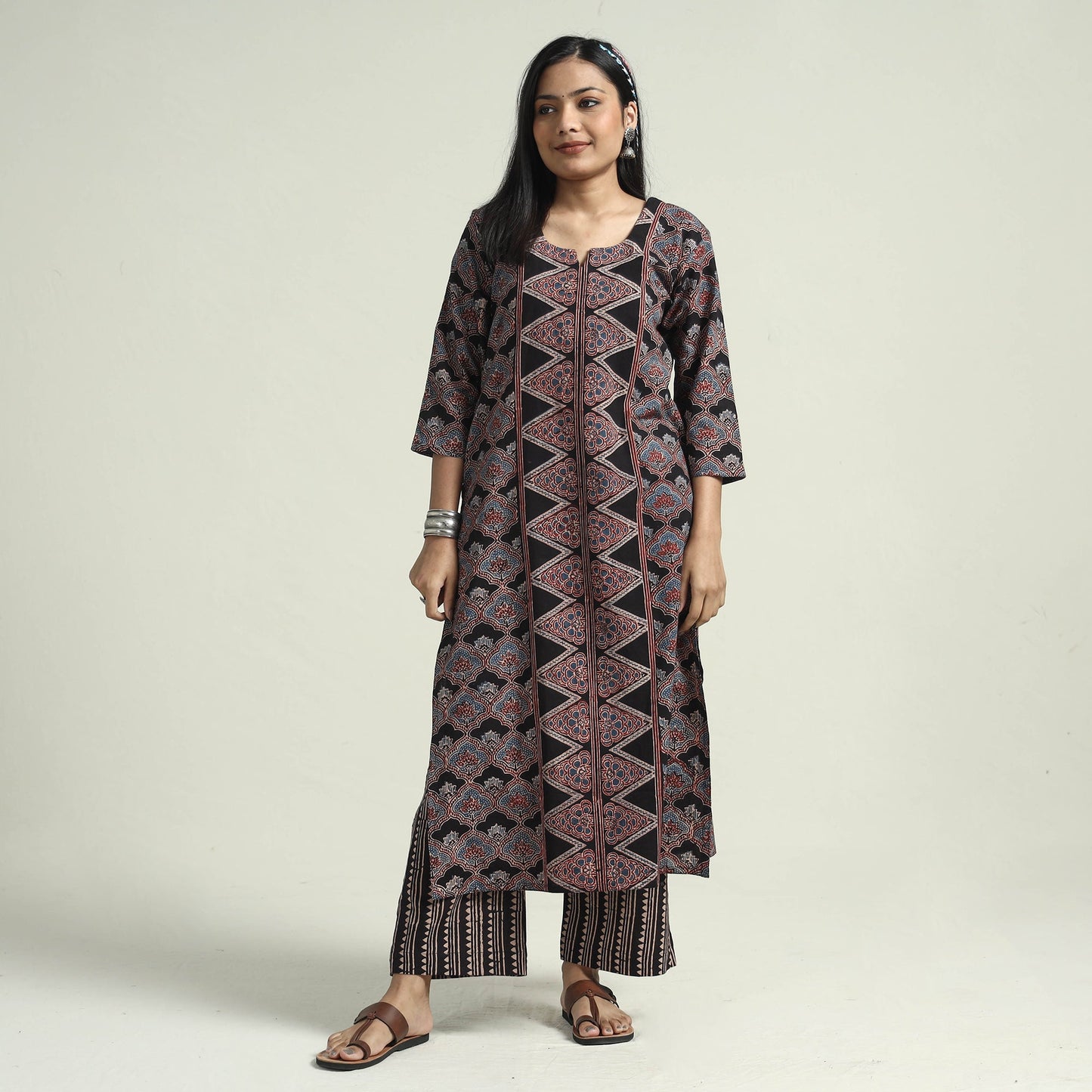 Buy Ajrakh Block Printed Cotton Kurta With Palazzo & Dupatta Set Online at iTokri.com