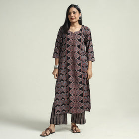 Buy Ajrakh Block Printed Cotton Kurta With Palazzo & Dupatta Set Online at iTokri.com