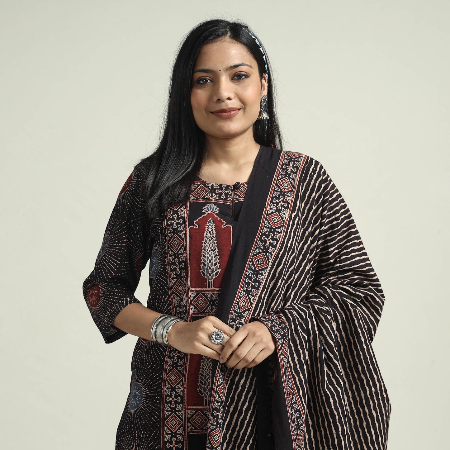 Ajrakh Block Printed Cotton Kurta With Palazzo & Dupatta Set Online at iTokri.com