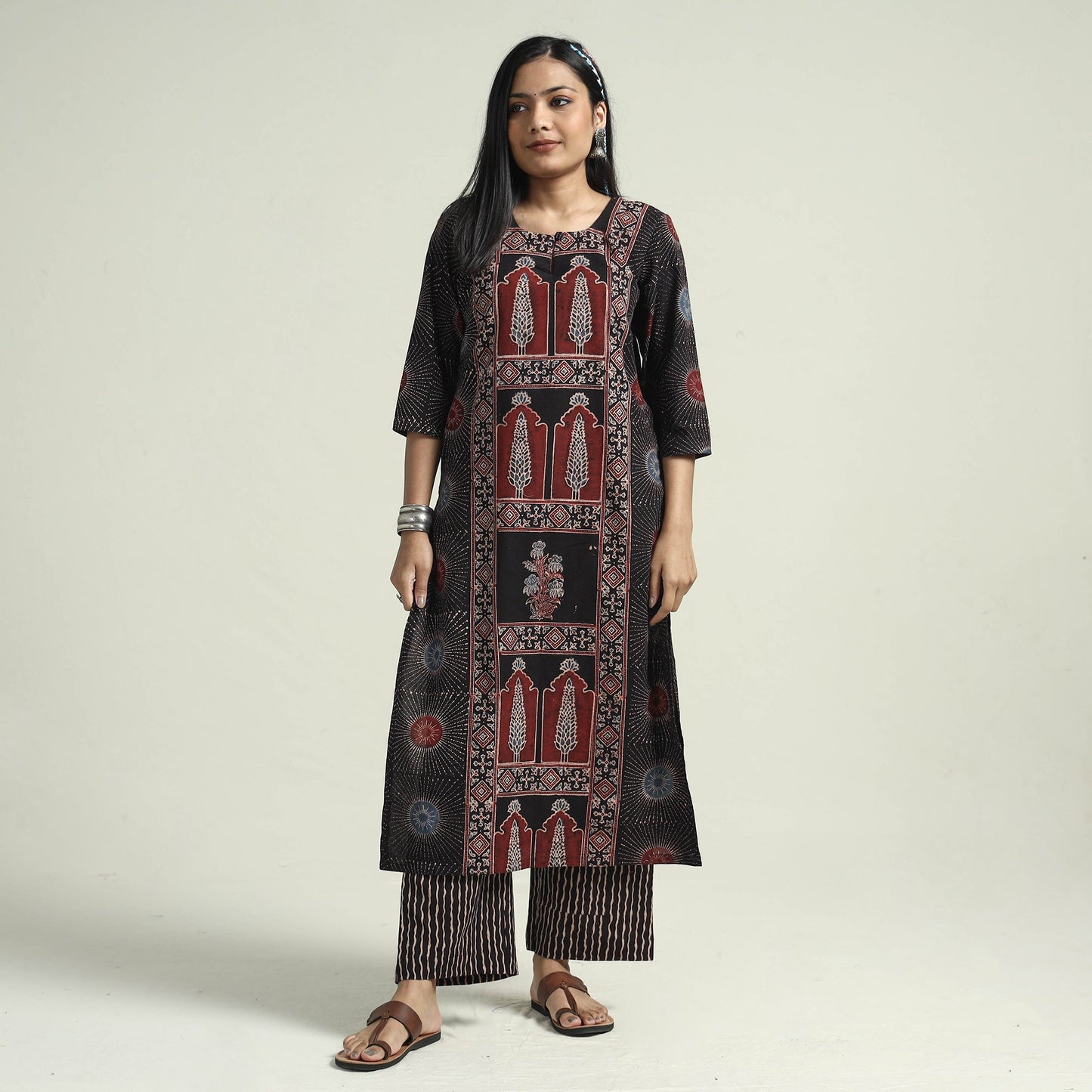  Ajrakh Block Printed Cotton Kurta With Palazzo & Dupatta Set Online at iTokri.com