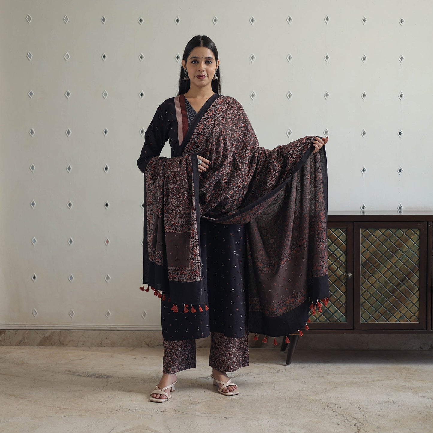 Buy Block Printed Cotton Ajrakh Kurta Set Online 