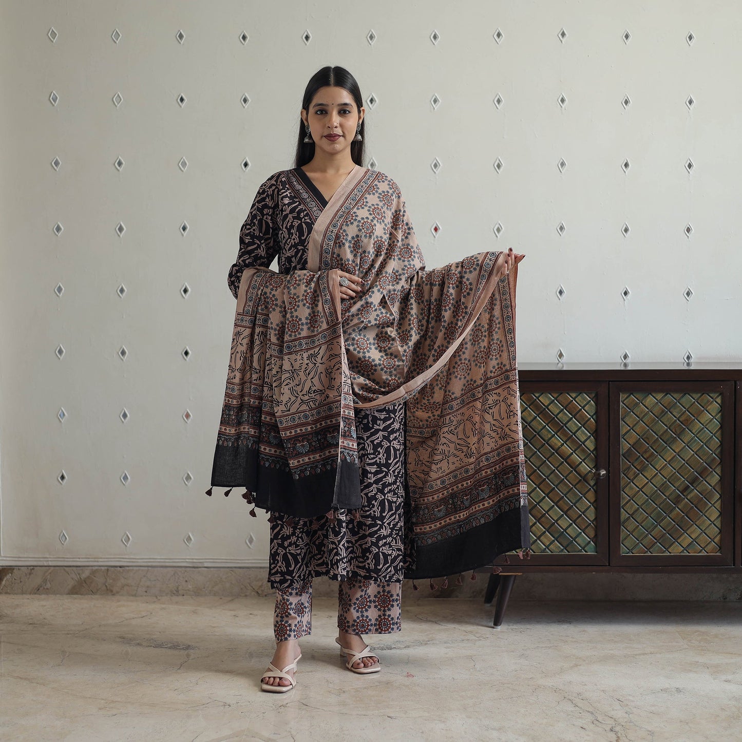  Block Printed Cotton Ajrakh Kurta Set 