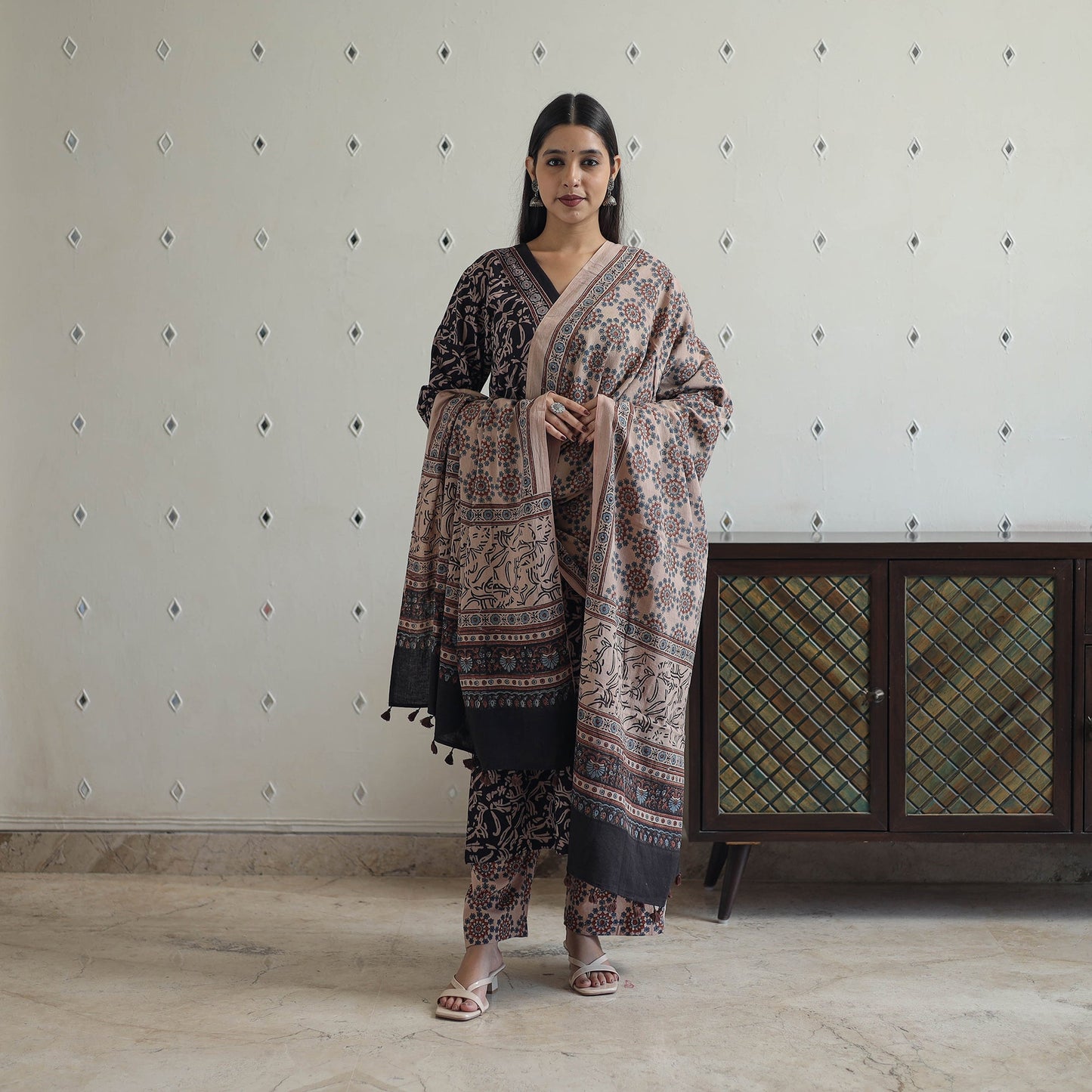 Block Printed Cotton Ajrakh Kurta Set 