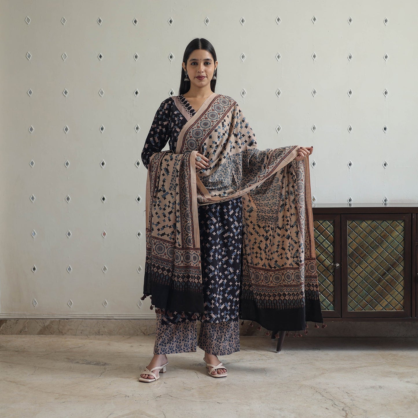  Block Printed Cotton Ajrakh Kurta Set 