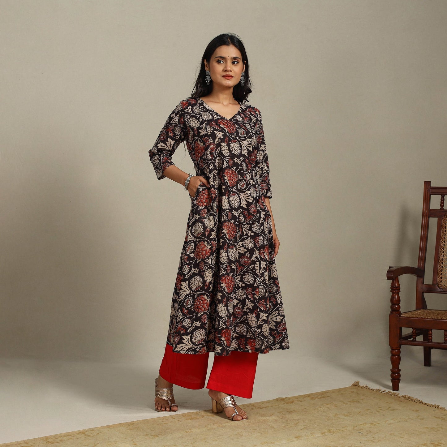 Black Printed Cotton A-Line Kalamkari Kurta