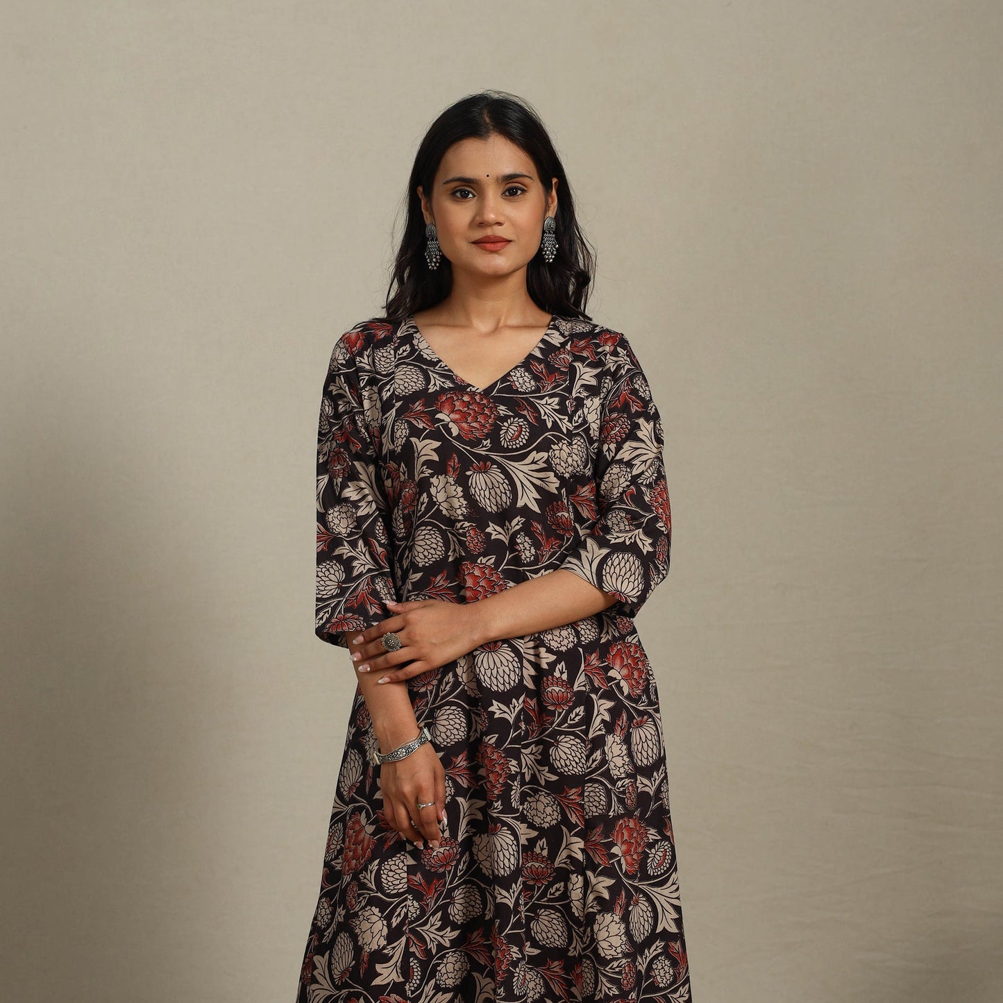 Black Printed Cotton A-Line Kalamkari Kurta