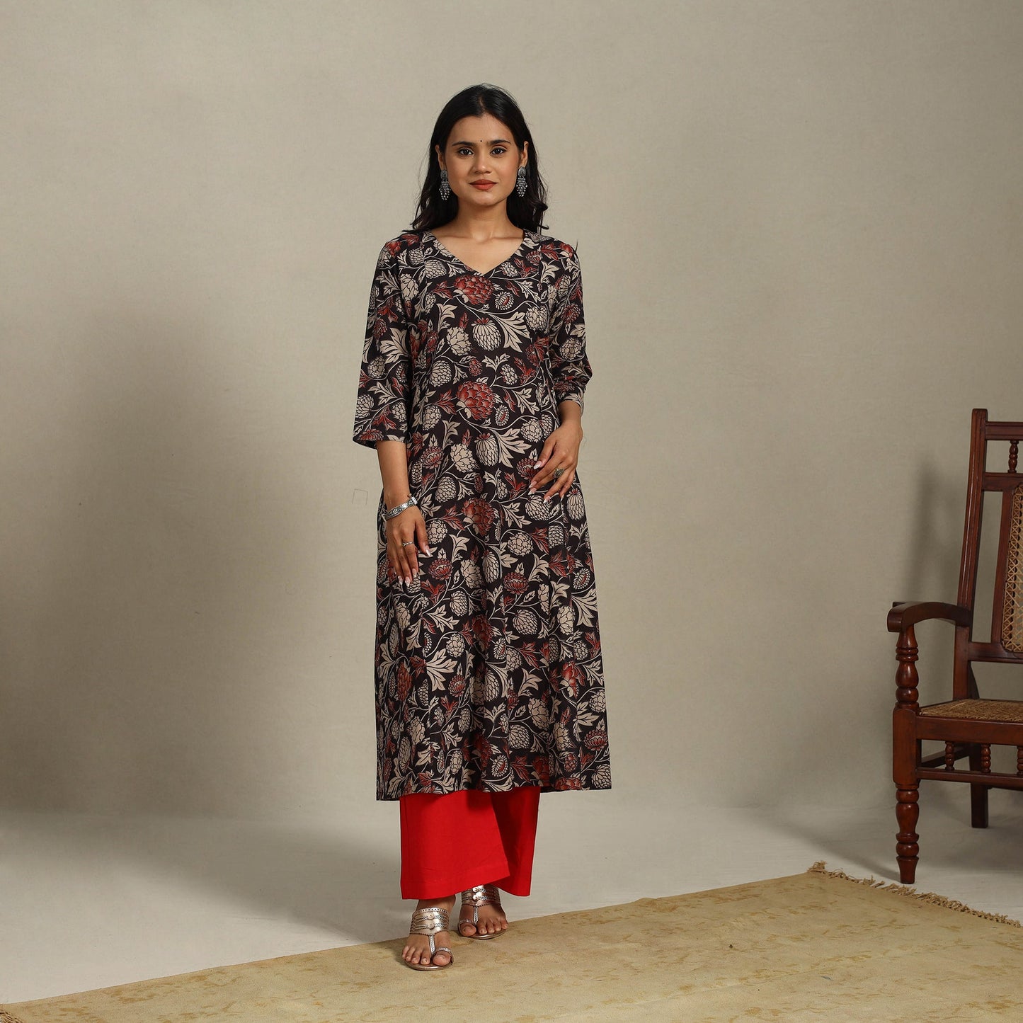 Black Printed Cotton A-Line Kalamkari Kurta