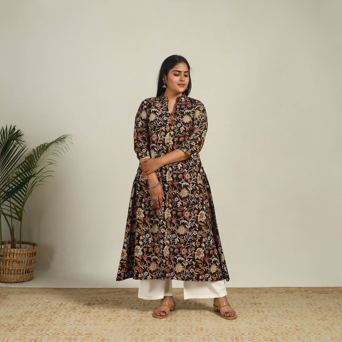 Buy Black Printed Cotton A-Line Kalamkari Kurta For Women