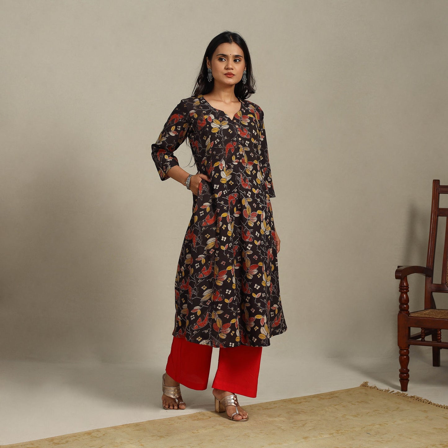 Black Printed Cotton A-Line Kalamkari Kurta