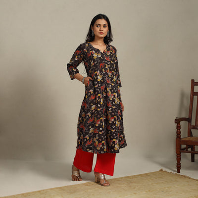 Black Printed Cotton A-Line Kalamkari Kurta
