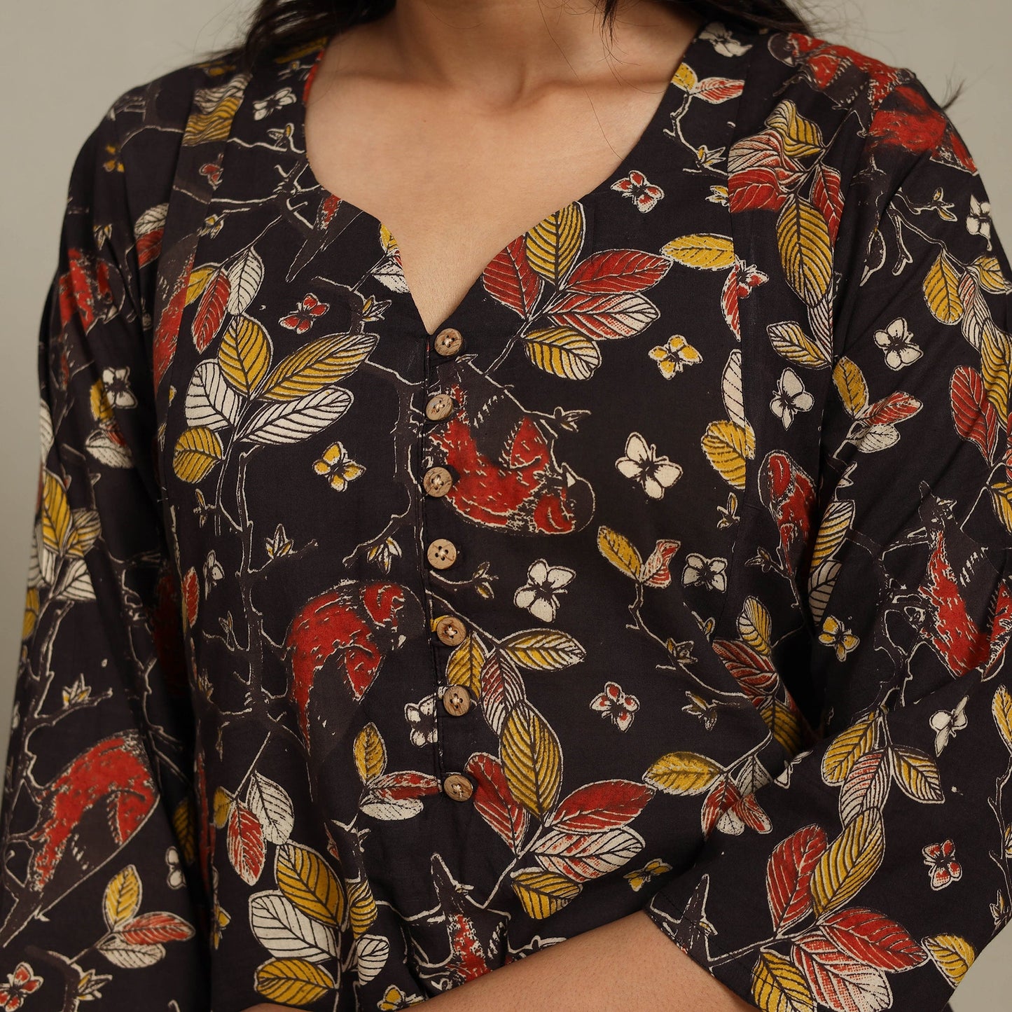 Black Printed Cotton A-Line Kalamkari Kurta