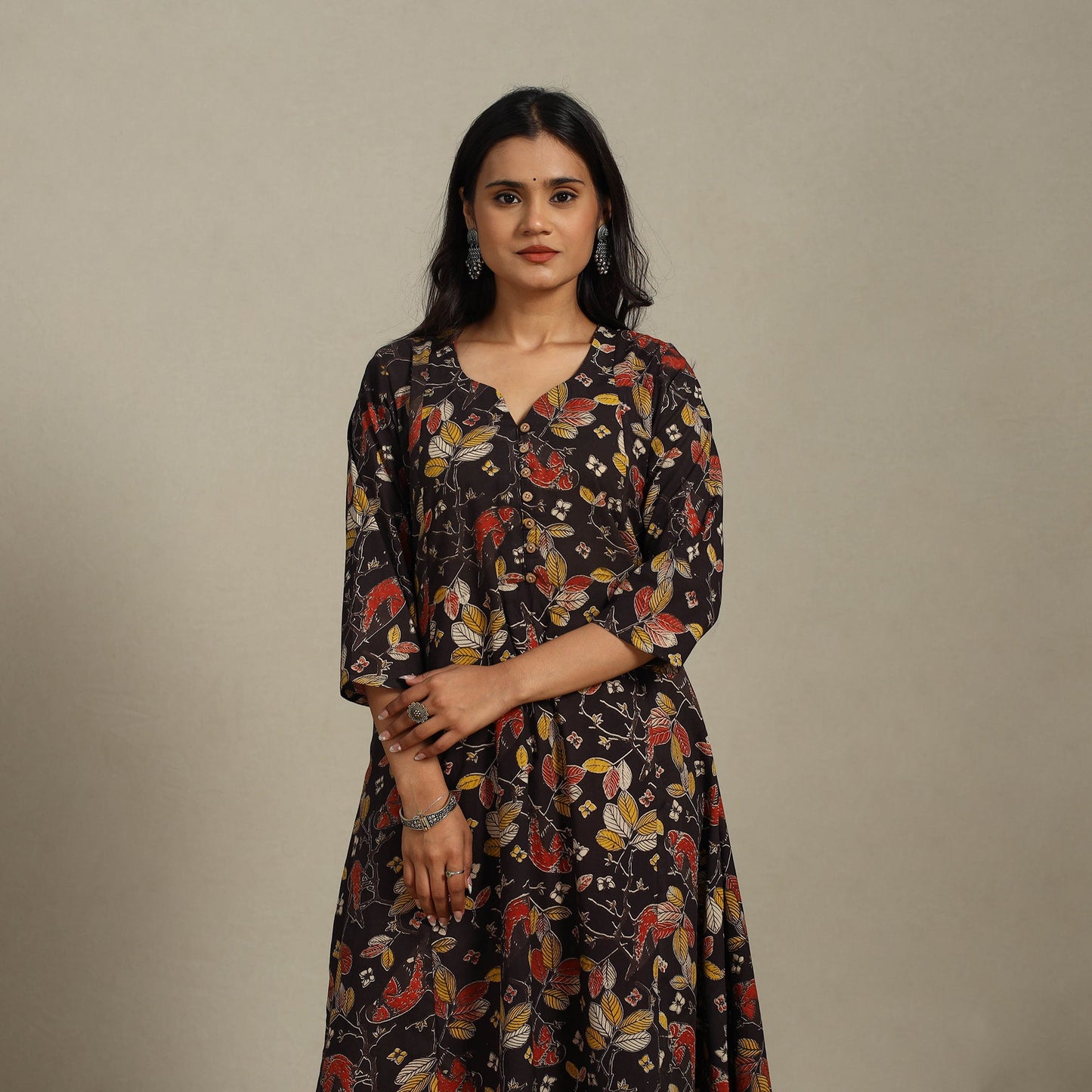 Black Printed Cotton A-Line Kalamkari Kurta