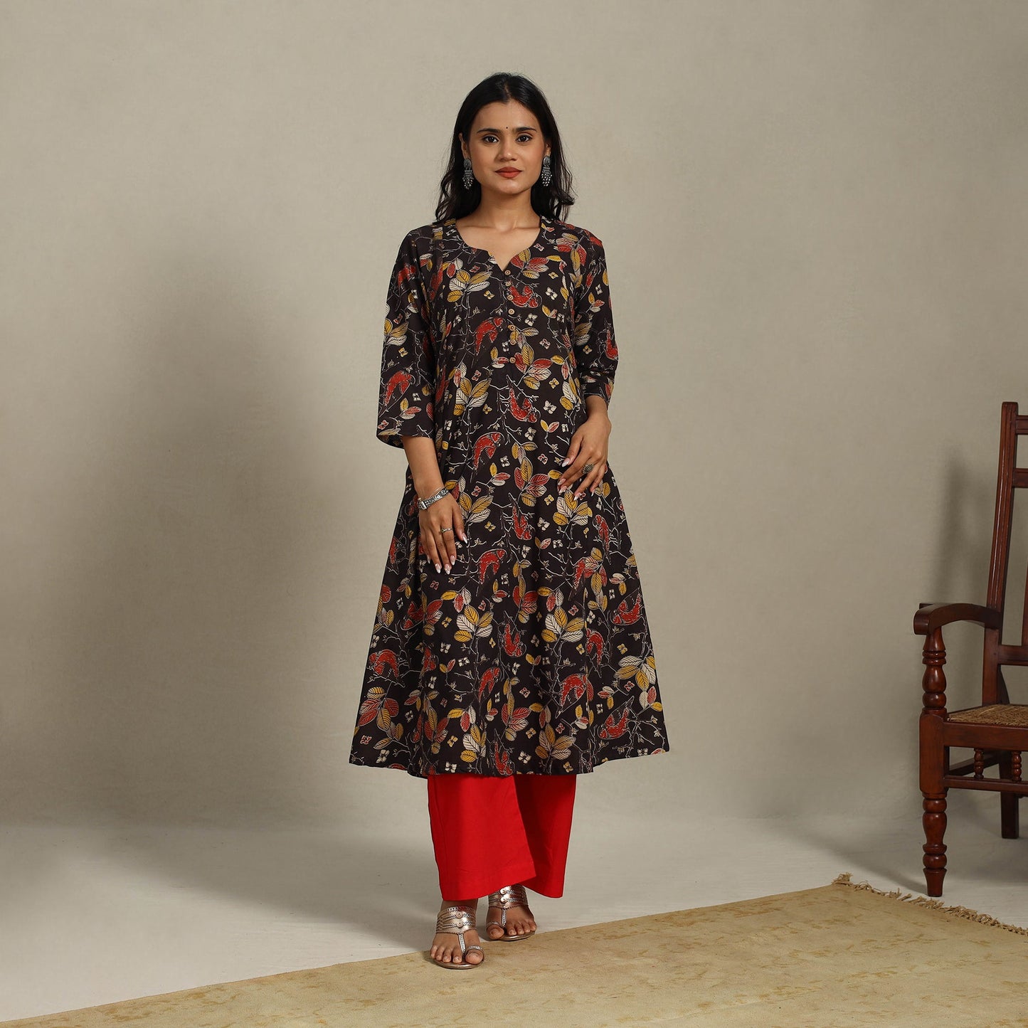 Black Printed Cotton A-Line Kalamkari Kurta