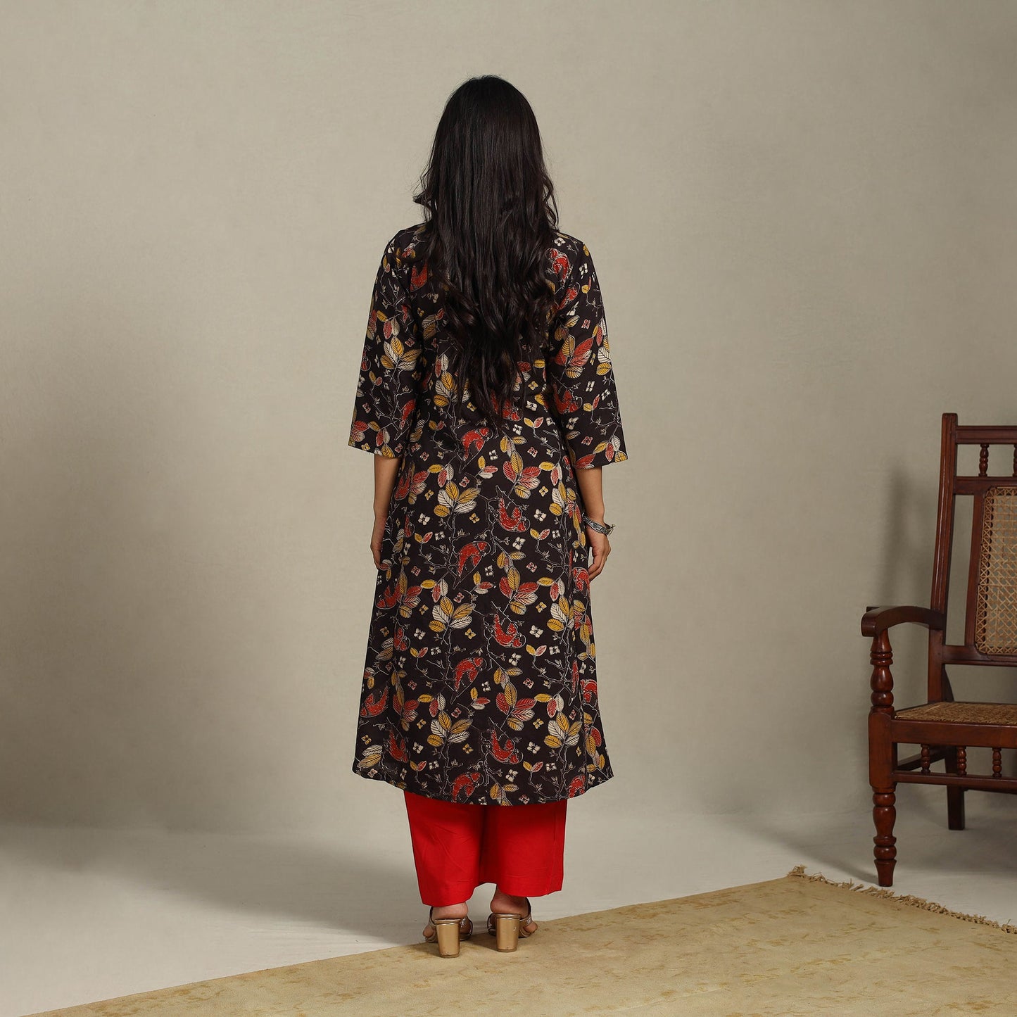 Black Printed Cotton A-Line Kalamkari Kurta