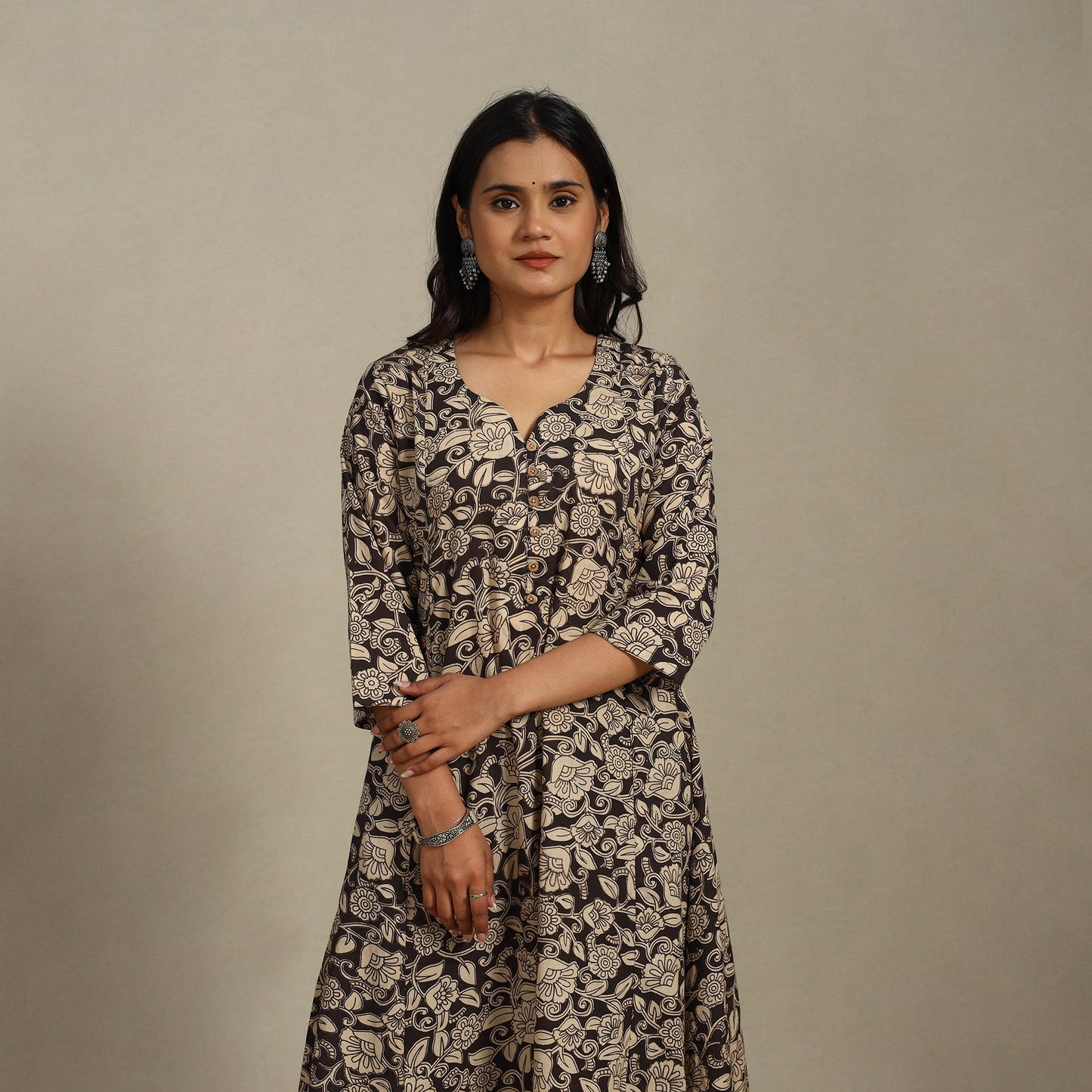 Black Printed Cotton A-Line Kalamkari Kurta