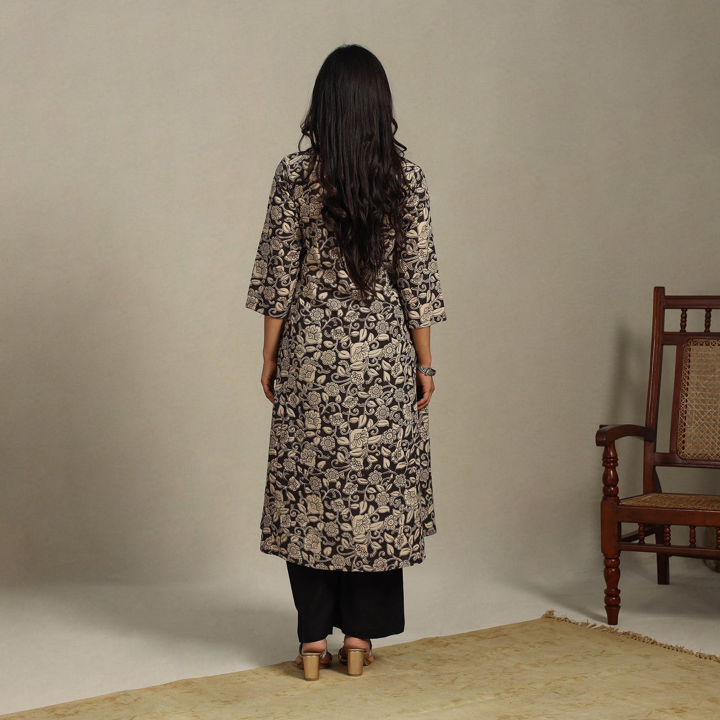 Black Printed Cotton A-Line Kalamkari Kurta